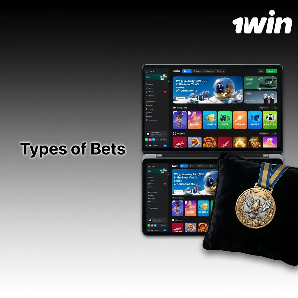1win bet types diagram showing single, express accumulator, and system bets for Canadian players