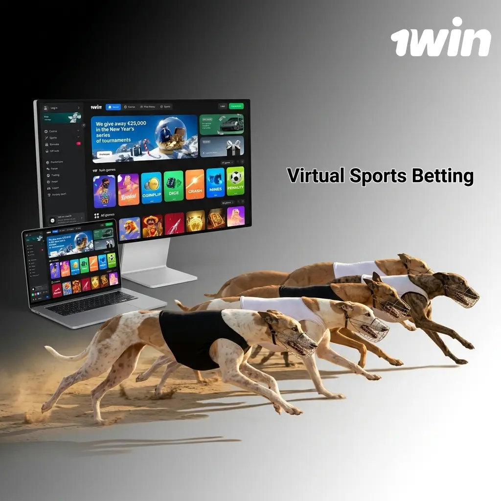 Virtual sports betting interface showing simulated football, horse racing, basketball, and tennis events with 24/7 betting options on 1win